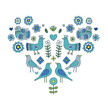 Artwork thumbnail, Scandi Folk Birds - blue and white - Scandinavian folk art pattern by Cecca Designs by Cecca-Designs