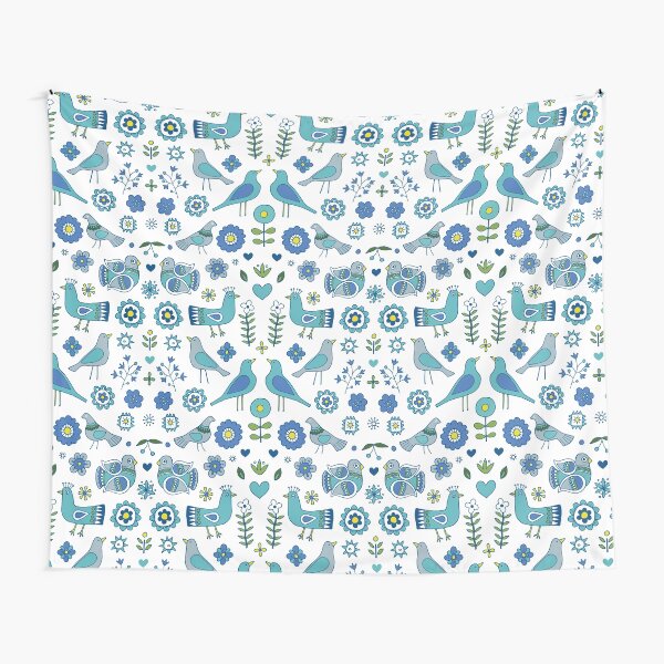 Scandi Folk Birds - blue & white - Scandinavian folk art pattern by Cecca Designs Tapestry