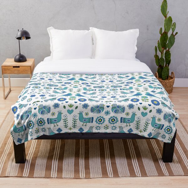 Scandi Folk Birds - blue & white - Scandinavian folk art pattern by Cecca Designs Throw Blanket