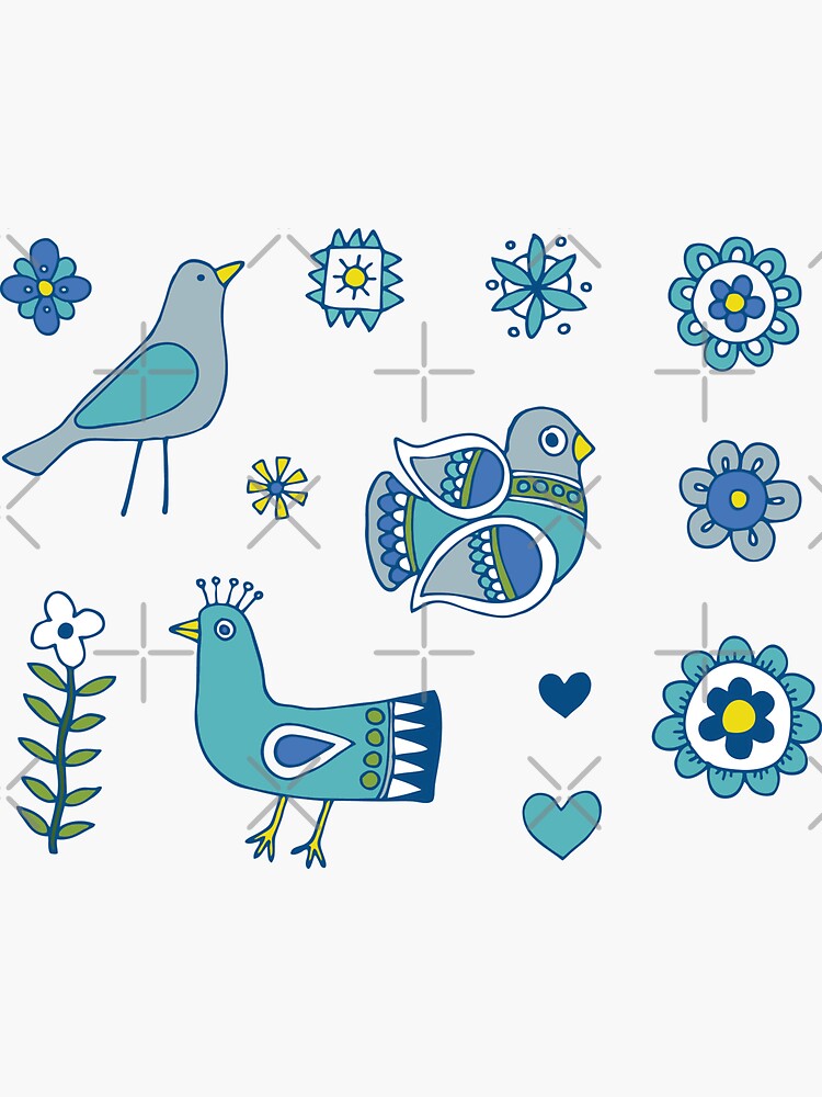 Thumbnail 3 of 3, Sticker, Scandi Folk Birds - blue and white - Scandinavian folk art pattern by Cecca Designs designed and sold by Cecca-Designs.