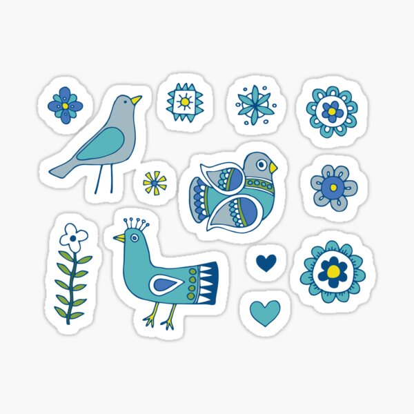 Scandi Folk Birds - blue and white - Scandinavian folk art pattern by Cecca Designs Sticker