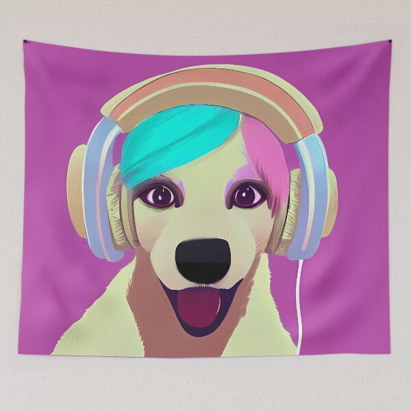 Item preview, Beautiful Lady Gaga Dog with headphones chatting and listening to music, pastel color. for pet lovers. designed and sold by AISHOPPE.