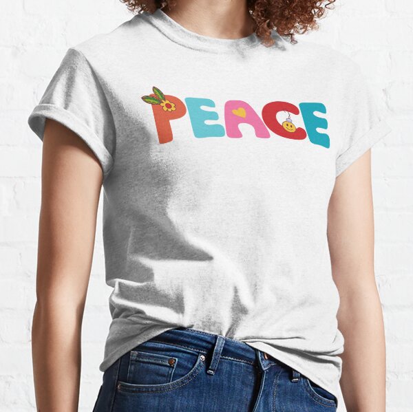 Peace Handlettered Happy Face Flower Power Orange Turquoise Blue Pink Red Yellow Holiday Christmas Classic T-Shirt