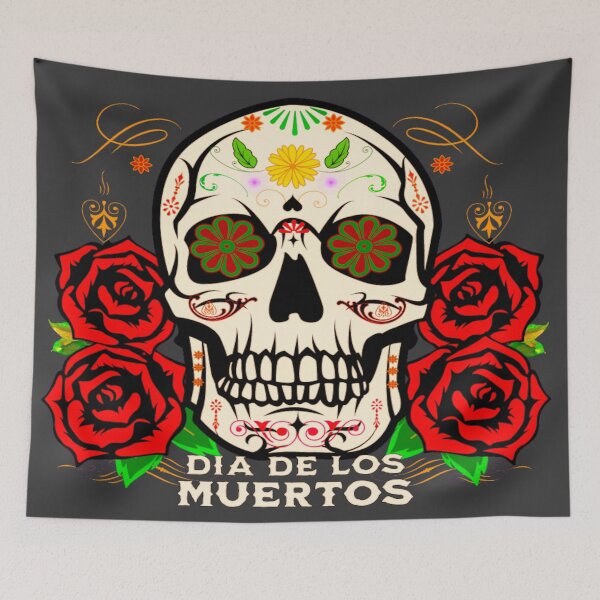 Item preview, Day Of Dead Mexico Travel, Día De Muertos Celebración, illustration of skull surrounded with flowers and drawings typical of the celebration of the day of the dead in Mexico. designed and sold by Malogue.