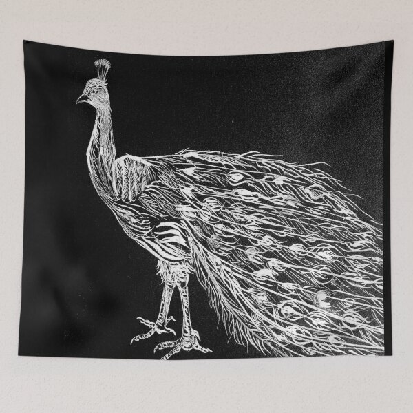 Item preview, Peacock ink art in monochrome black and white designed and sold by Liz HL Art Shop.