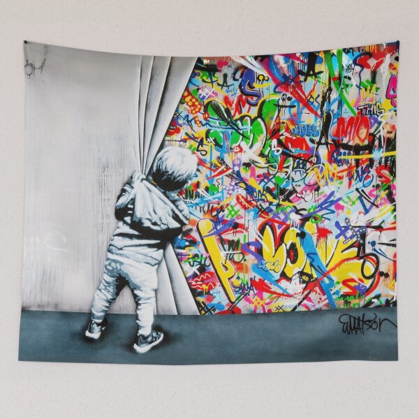 Item preview, Behind The Curtain Boy - Colorful Graffiti Pop Art - Banksy Street Art Mural designed and sold by Teecha.