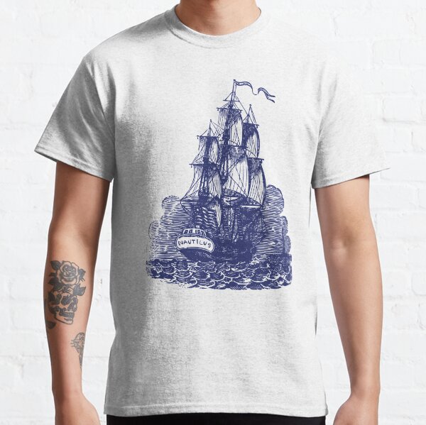 Sailing Ship | Schooner | Navy Blue and White | Vintage Sailing Ship | Nautical | Classic T-Shirt