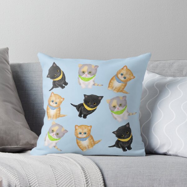 Cute Kittens Wearing Bandanas On A Blue Background Throw Pillow