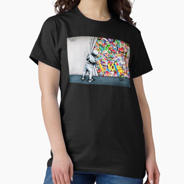 Item preview, Behind The Curtain Boy - Colorful Graffiti Pop Art - Banksy Street Art Mural designed and sold by Teecha.
