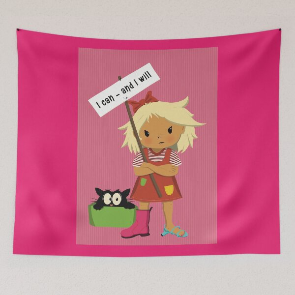 Item preview,  I can and I will, obstinate girl wants to manage herself, holding a sign. Scared cat watching. designed and sold by marina63.