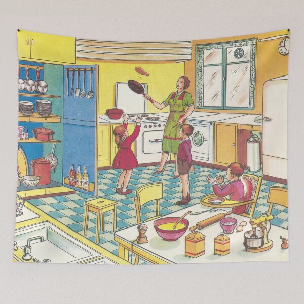 Item preview, beautiful vintage illustration with mother and children in the kitchen designed and sold by Mauswohn.