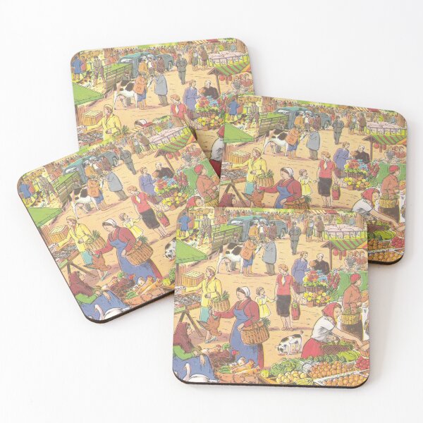 Item preview, great vintage illustration, market women and market stalls with fruit and vegetables and animals designed and sold by Mauswohn.