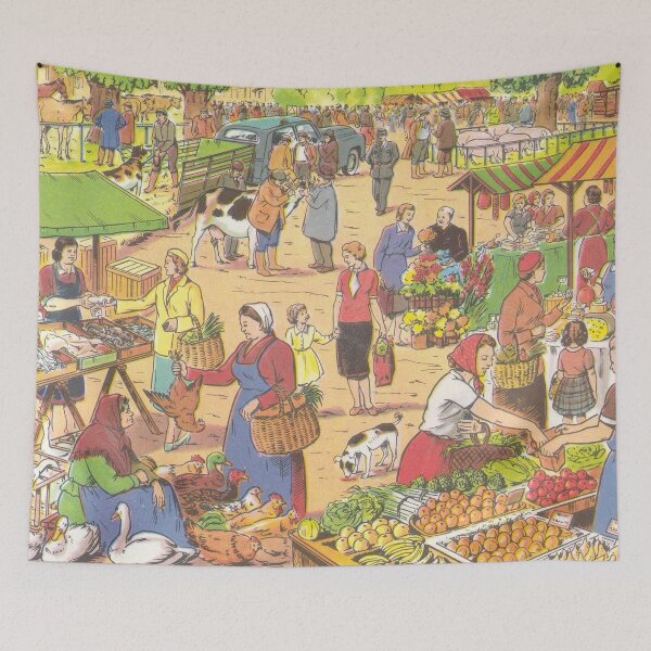Item preview, great vintage illustration, market women and market stalls with fruit and vegetables and animals designed and sold by Mauswohn.