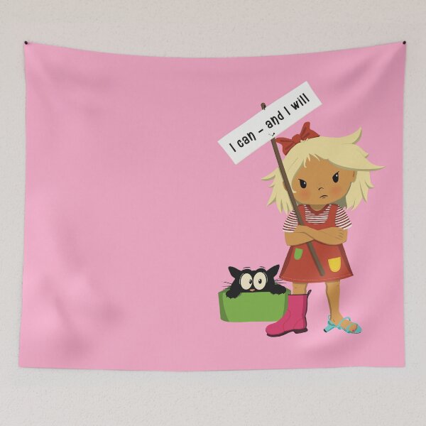 Item preview,  I can and I will, obstinate girl wants to manage herself, holding a sign. Scared cat watching. designed and sold by marina63.