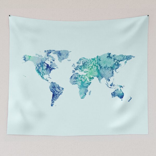 Item preview, world map sticker blue and green watercolor design  designed and sold by Sam Palahnuk.