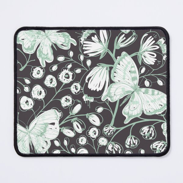 Item preview, Green Linear Butterfly Floral Print on Charcoal Grey Background. designed and sold by cgroenewald.