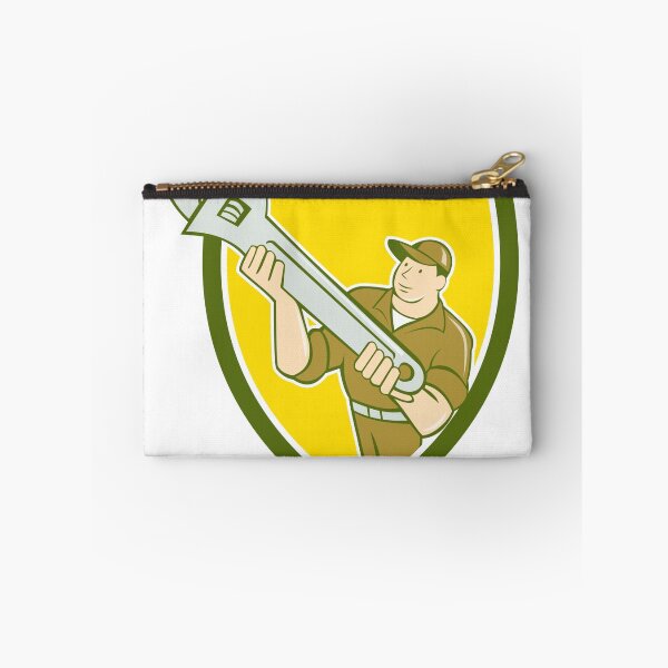 Item preview, Mechanic Presenting Spanner Wrench Shield Cartoon designed and sold by patrimonio.