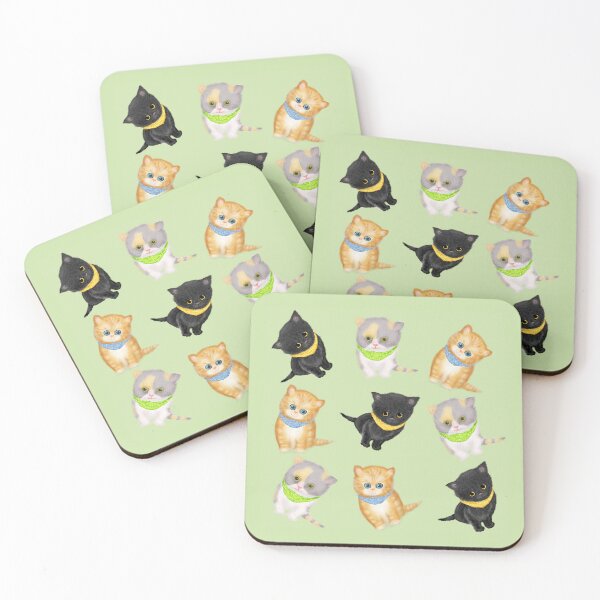 Cute Kittens Wearing Bandanas On A Green Background Coasters (Set of 4)