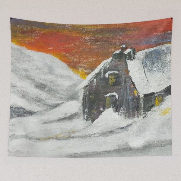 Item preview, Scottish Christmas winter snow cabin in the mountains  designed and sold by WorldOfWendyArt.