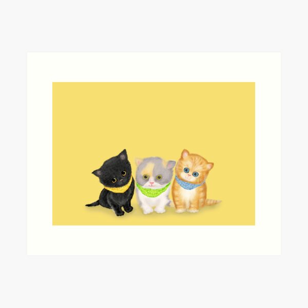 Cute Kittens Wearing Bandanas On A Gold Background Art Print