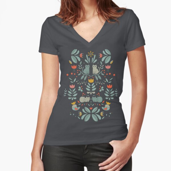 Swedish Folk Cats Fitted V-Neck T-Shirt