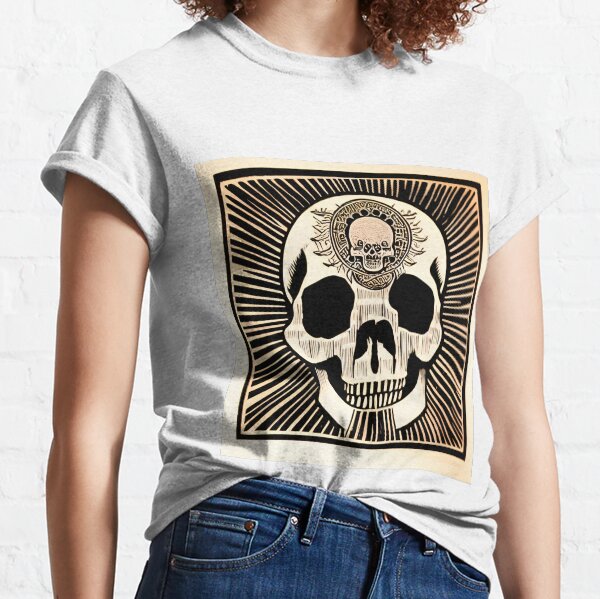 Woodblock print style of a skull with the universe in it's third eye Classic T-Shirt