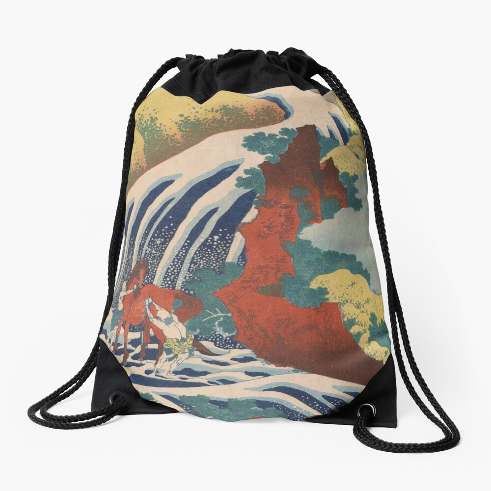 Yoshino Waterfalls Where Yoshitsune Washed his Horse by Katsushika Hokusai Drawstring Bag