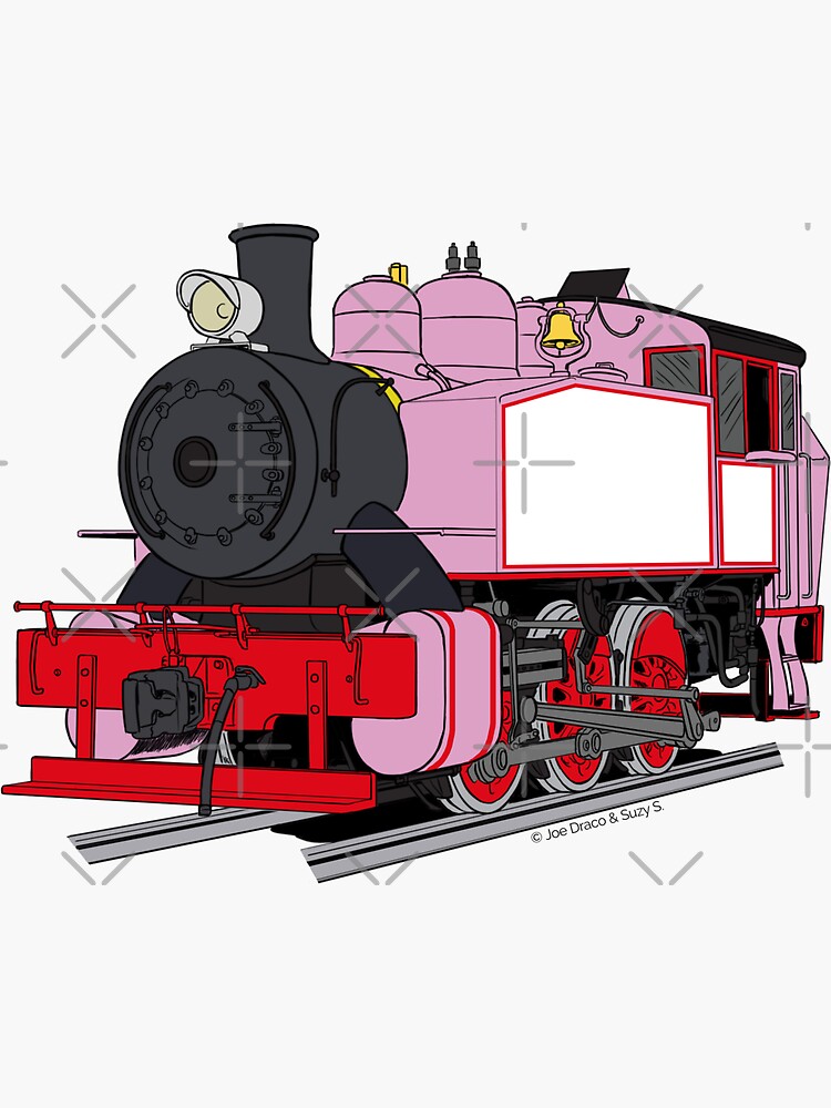 Rosie the pink Thomas the train on a wooden railroad Stock Photo