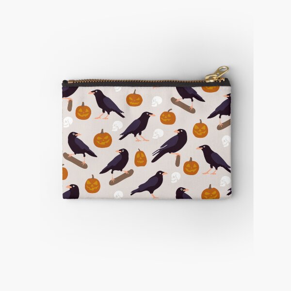 Item preview, spooky scary halloween ravens pumpkins skulls on beige background designed and sold by RevolutionizZed.