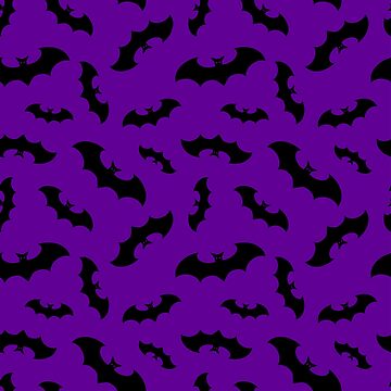 Artwork thumbnail, Halloween Black Bats on Purple Background Repeating Pattern by Sandy Richter