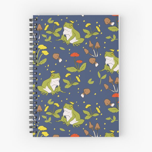 Item preview, Cottagecore frogs and mushrooms and flowers on blue designed and sold by Cass Noel Studio.