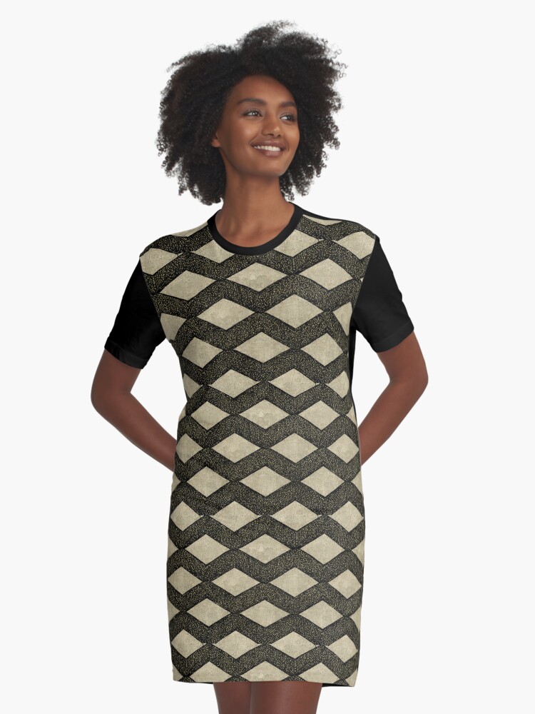 Retro Diamond Shape Black and Tan Pattern Minimalist Graphic T Shirt Dress