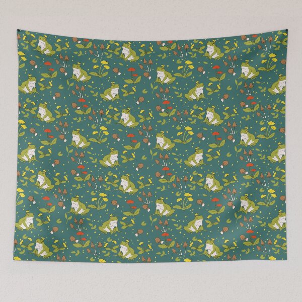 Item preview, Cottagecore frogs and mushrooms and flowers on peacock green designed and sold by Cass Noel Studio.