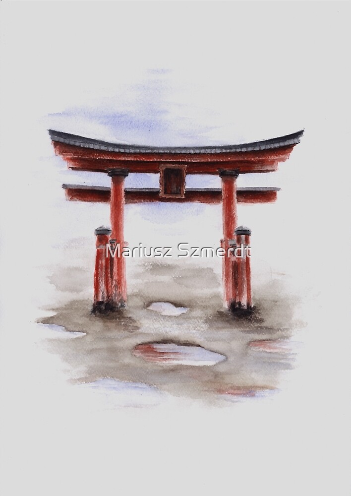 "Torii gate watercolor art print painting, japanese symbol for sale" by