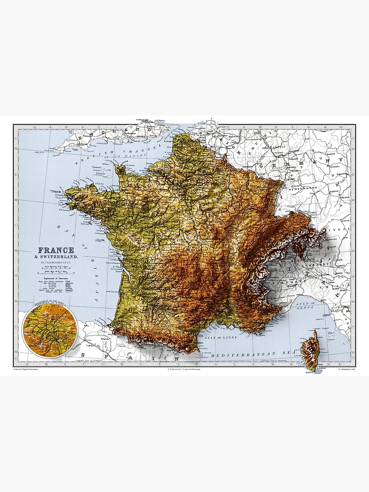 1871 Vintage France and Switzerland Relief Map Print With 3D Illusion -  Professionally Restored Poster for Sale by HighlandPosters
