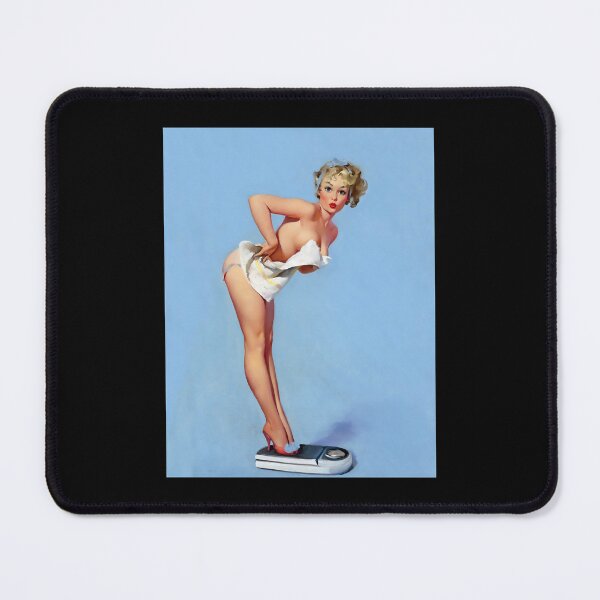Item preview, 1950s Vintage Pin-up Girl on Scale Weight Curvy Woman Pastel Blue Bathroom Illustration Art Leggy Cl designed and sold by martinezArts.