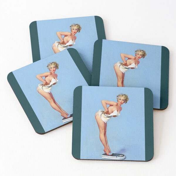 Item preview, 1950s Vintage Pin-up Girl on Scale Weight Curvy Woman Pastel Blue Bathroom Illustration Art Leggy Cl designed and sold by martinezArts.