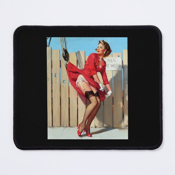Item preview, 1950s Vintage Pin-up Girl Tight Red Dress Garter Belt Men at Work Illustration Art Blonde Leggy Gart designed and sold by martinezArts.
