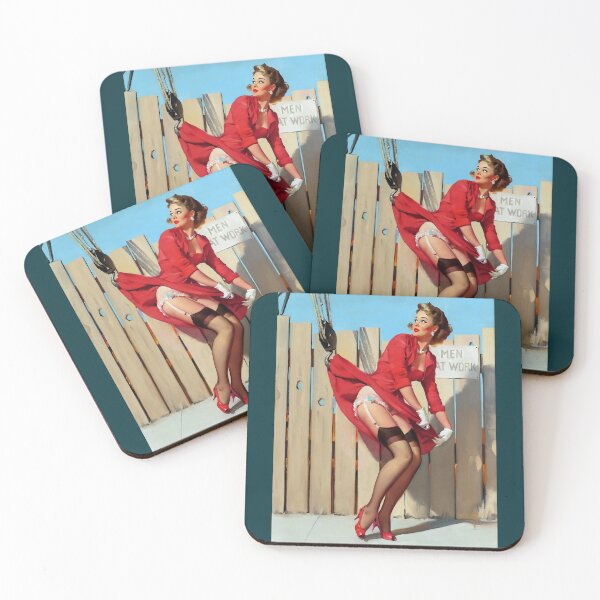 Item preview, 1950s Vintage Pin-up Girl Tight Red Dress Garter Belt Men at Work Illustration Art Blonde Leggy Gart designed and sold by martinezArts.