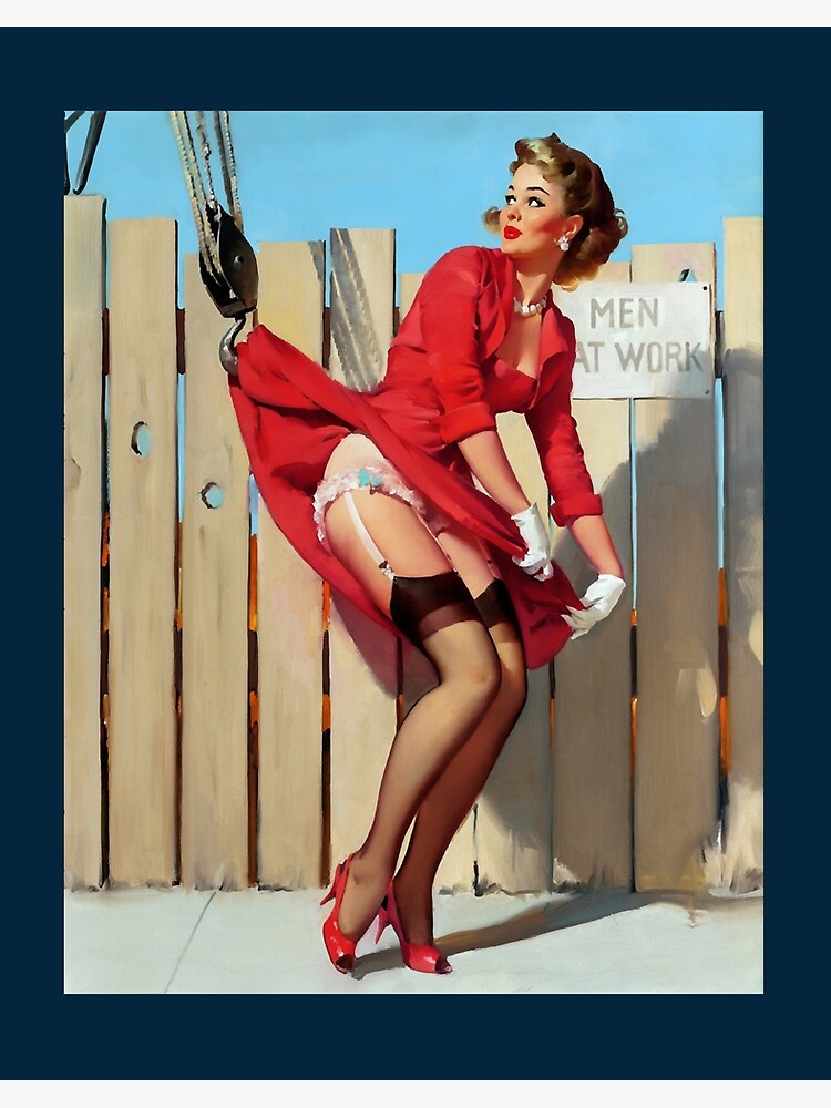 1950s Vintage Pin-up Girl Tight Red Dress Garter Belt Men at Work