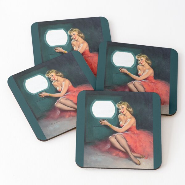 Item preview, 1950s Vintage Pin-up Girl Watching TV Television Set Show Media Pink Dress Illustration Art Blonde L designed and sold by martinezArts.