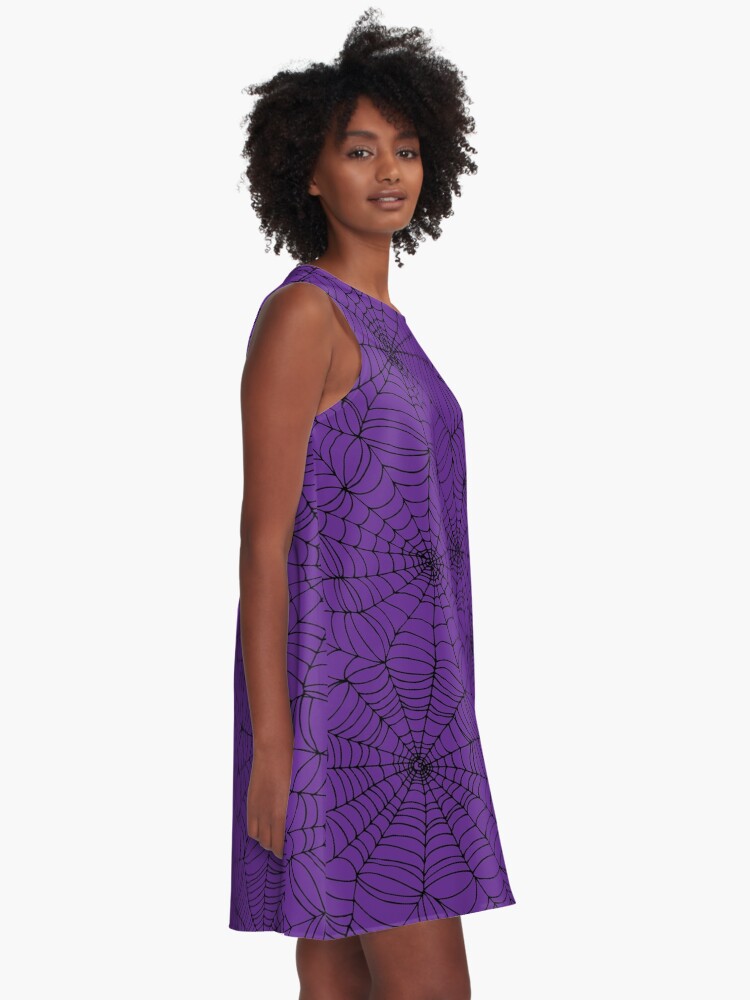 Alternate view of Spider web pattern - purple and black - Halloween pattern by Cecca Designs A-Line Dress