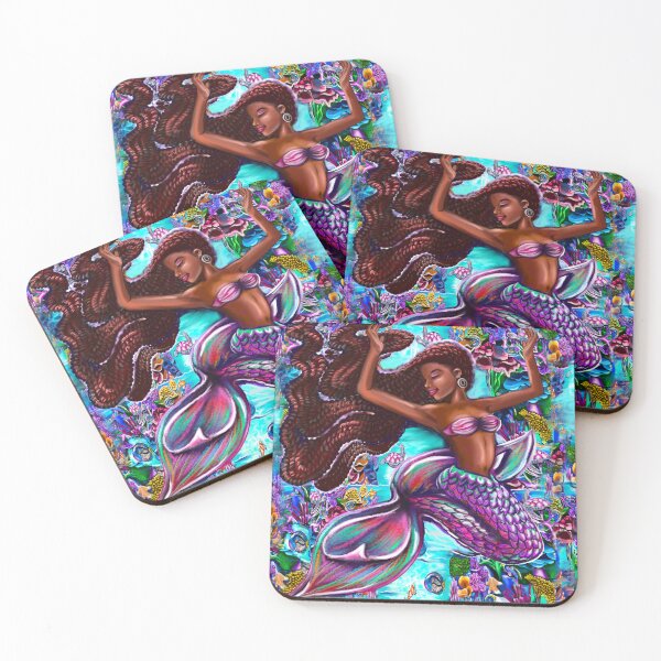 Item preview, mermaid underwater with flowing red braids on a coral reef, African American Mermaid  designed and sold by Artonmytee.
