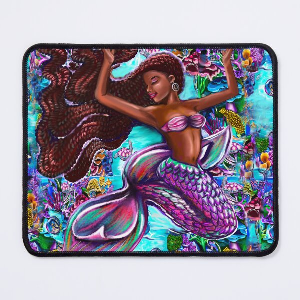 Item preview, mermaid underwater with flowing red braids on a coral reef, African American Mermaid  designed and sold by Artonmytee.