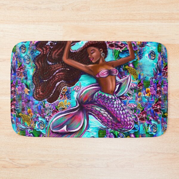 Item preview, mermaid underwater with flowing red braids on a coral reef, African American Mermaid  designed and sold by Artonmytee.