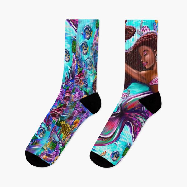 Item preview, mermaid underwater with flowing red braids on a coral reef, African American Mermaid  designed and sold by Artonmytee.