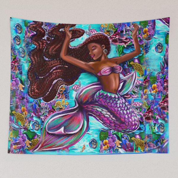 Item preview, mermaid underwater with flowing red braids on a coral reef, African American Mermaid  designed and sold by Artonmytee.