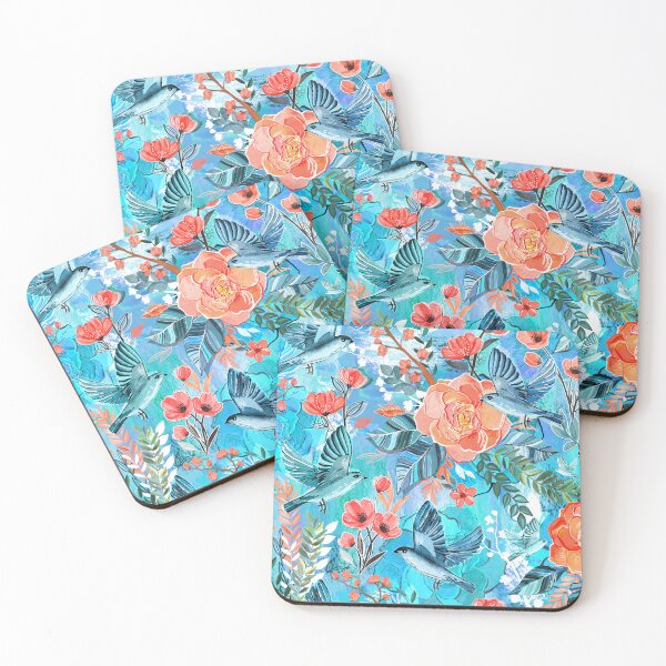 Item preview, Birding Bliss Mixed-Media Collage in Turquoise and Coral designed and sold by micklyn.