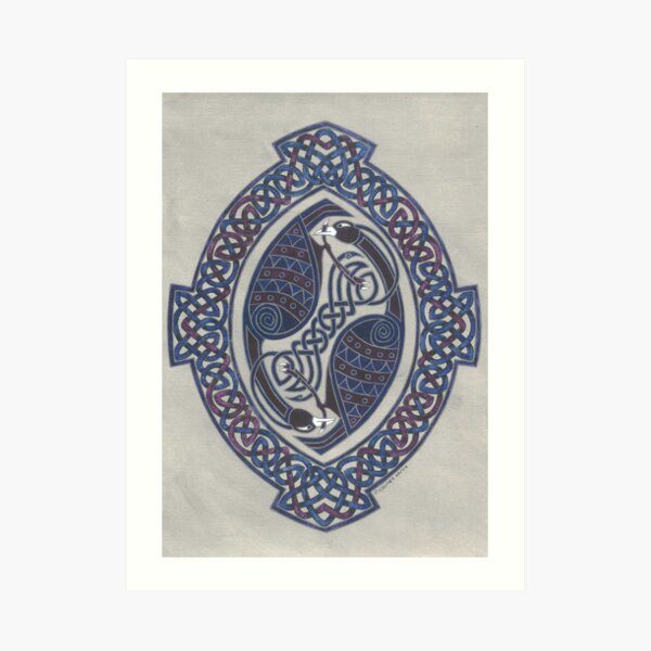 two birds in knotwork oval Art Print