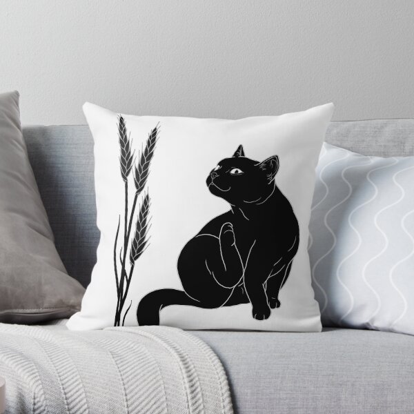 The black cat and the branch of wheat Throw Pillow